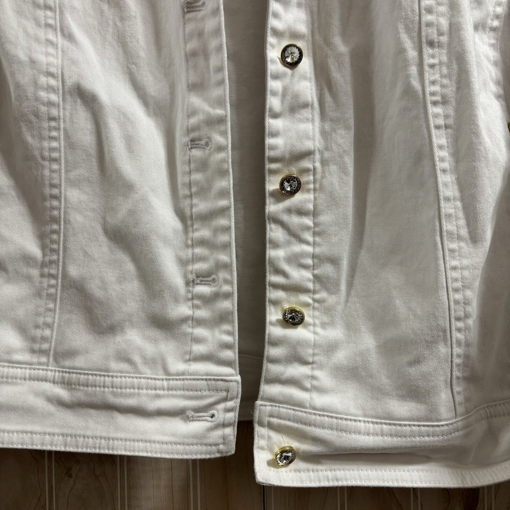 Quacker Factory White Denim Jacket Gold Rhinestone Button Trucker Small Stretch - Picture 3 of 8